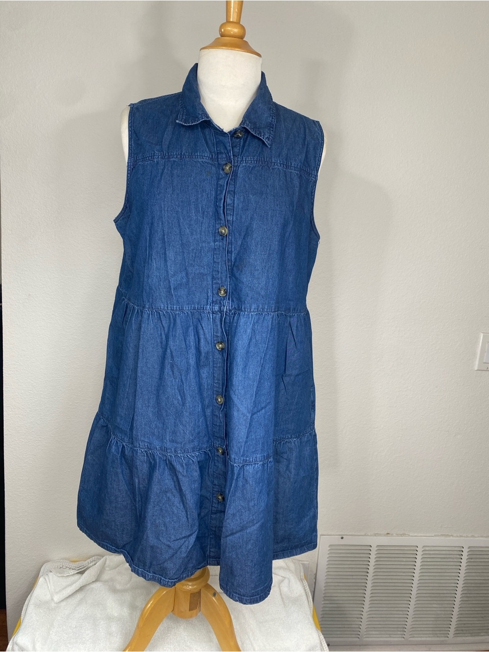 Rosie Harlow Women Blue Chambray Button Up Sleeveless Tiered Mini Dress XXL Boho